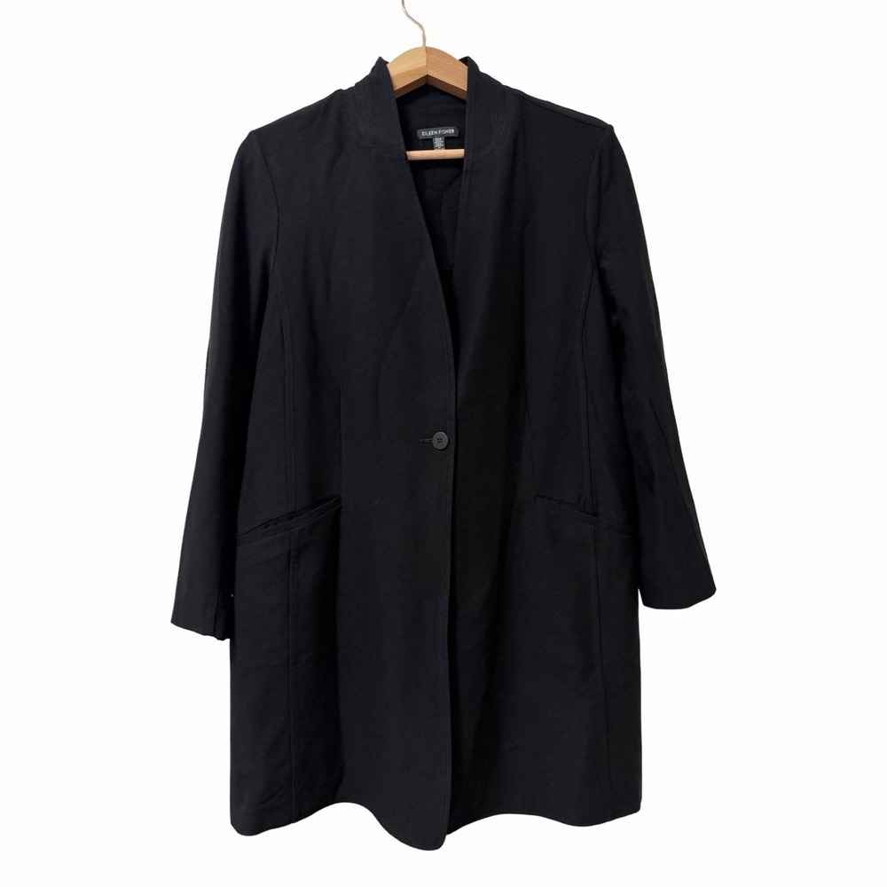 Eileen Fisher Stretch Crepe One Button Long Jacket Size L Black Office Capsule